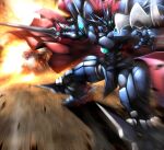  absurdres cape explosion haganef highres holding holding_sword holding_weapon huge_filesize mecha no_humans open_hand red_cape red_eyes solo super_robot super_robot_wars super_robot_wars_original_generation sword v-fin vaisaga weapon 