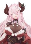  1girl bangs breasts fur_trim fuyumitsu granblue_fantasy hair_over_one_eye hand_on_own_chest head_tilt hors japanese_clothes kimono large_breasts long_hair narmaya_(granblue_fantasy) obi one_eye_covered pink_hair pointy_ears red_kimono sash smile snowman_hair_ornament solo violet_eyes 