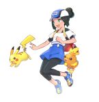  1girl :d backpack bag baseball_cap bettie_(pokemon) black_hair black_legwear blue_footwear blue_headwear blue_shorts buttons commentary_request eyelashes gen_1_pokemon gen_3_pokemon green_eyes hair_bun hat high-waist_shorts highres leggings multicolored_footwear open_mouth pikachu pokemon pokemon_(creature) pokemon_(game) pokemon_masters_ex poryphone red_bag shirt shoes short_hair shorts smile sneakers tongue torchic tudurimike undershirt upper_teeth white_shirt yellow_footwear 