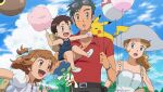  2boys 2girls :d ash_ketchum balloon bangs belt black_belt black_hair brown_eyes brown_hair clouds collared_shirt commentary cotton_candy day dress english_commentary eyewear_on_head facial_hair feeding floette floette_(blue) gen_1_pokemon gen_6_pokemon hair_ornament hairclip hat holding holding_string if_they_mated multiple_boys multiple_girls noelia_ponce older on_shoulder open_mouth outdoors pants pikachu pokemon pokemon_(anime) pokemon_(creature) pokemon_on_shoulder pokemon_xy_(anime) red_shirt serena_(pokemon) shirt short_hair short_sleeves sky smile sunglasses tongue watch watch white_dress white_headwear 
