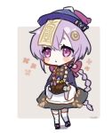  1girl apron bandaged_hands bandaged_leg bandages bangs black_jacket black_skirt blush_stickers braid chibi closed_mouth eyebrows_behind_hair full_body genshin_impact grey_background hair_between_eyes hat jacket long_hair long_sleeves nuno_(pppompon) purple_hair purple_headwear qing_guanmao qiqi_(genshin_impact) signature single_braid skirt solo standing thigh-highs two-tone_background very_long_hair violet_eyes white_apron white_background white_legwear wide_sleeves 