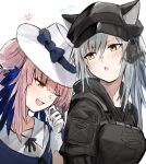  2girls :o absurdres animal_ears arknights armor black_bow black_hair black_headwear black_shirt blue_bow blue_shirt bow cat_ears ceylon_(arknights) double_bun ears_through_headwear feather_hair flying_sweatdrops gloves hat hat_bow headset highres huge_filesize implied_extra_ears looking_at_another looking_back multiple_girls official_alternate_costume one_eye_closed open_mouth orange_eyes raw_egg_lent schwarz_(arknights) schwarz_(skyline)_(arknights) shirt simple_background white_background white_gloves white_headwear yellow_eyes 