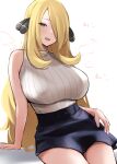  1girl black_skirt blonde_hair breasts cynthia_(pokemon) hair_ornament hair_over_one_eye highres large_breasts long_hair looking_at_viewer miniskirt open_mouth pokemon ribbed_tank_top simple_background sixteenpo skirt smile solo very_long_hair white_background yellow_eyes 