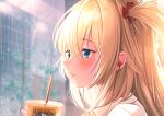  1girl akai_haato bangs blonde_hair blue_eyes blush closed_mouth collared_shirt commentary_request cup disposable_cup drinking_straw earphones eyebrows_visible_through_hair hair_between_eyes hair_ornament hand_up heart heart_hair_ornament highres holding holding_cup hololive long_hair looking_away magowasabi nail_polish one_side_up portrait rain shirt signature solo twitter_username virtual_youtuber white_shirt window 