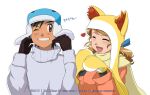  1boy 1girl :d ash_ketchum bangs black_hair blush brown_eyes brown_gloves closed_eyes eyelashes fennekin gen_6_pokemon gloves grey_sweater grin hands_up heart jacket long_sleeves mittens noelia_ponce open_mouth orange_jacket pokemon pokemon_(anime) pokemon_ears pokemon_xy_(anime) scarf serena_(pokemon) smile sweater teeth themed_object tongue yellow_headwear yellow_mittens yellow_scarf 