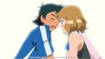  1boy 1girl :d ash_ketchum bangs bare_arms black_hair blue_eyes blue_jacket blue_ribbon blush closed_eyes closed_mouth copyright_name from_side hetero jacket light_brown_hair looking_at_another medium_hair neck_ribbon noelia_ponce open_mouth pokemon pokemon_(anime) pokemon_xy_(anime) ribbon serena_(pokemon) shiny shiny_hair short_sleeves sleeveless smile tongue upper_body 