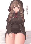  1girl 88942731ne ahoge bed_sheet black_capelet black_dress blush braid brown_eyes brown_hair capelet closed_mouth dress highres hood hooded_capelet kantai_collection long_hair long_sleeves shinshuu_maru_(kancolle) simple_background sitting smile solo translation_request twin_braids white_background 