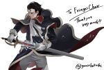  1boy absurdres ascot black_eyes black_hair book collar commission commissioner_upload electricity fire_emblem fire_emblem:_thracia_776 fire_emblem_heroes gauss_&lt;bokashi gloves highres looking_to_the_side male_focus reinhardt_(fire_emblem) scabbard serious sheath signature solo sword watermark weapon 