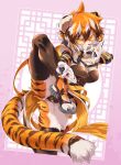  1girl animal_ears arknights black_legwear chinese_clothes fighting_stance furry furry_female highres multicolored_fur multicolored_hair orange-tinted_eyewear orange_fur short_hair solo streaked_hair tail takura_mahiro thigh-highs tiger_ears tiger_girl tiger_tail tinted_eyewear waai_fu_(arknights) yellow_eyes 