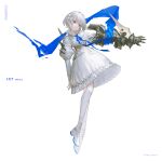  1girl blue_neckwear character_name commentary copyright dress english_text full_body hair_ribbon hand_up highres juliet_sleeves kneehighs long_sleeves neck_ribbon original parted_lips puffy_sleeves red_eyes reoen ribbon short_hair simple_background solo white_background white_dress white_footwear white_hair white_legwear white_ribbon 