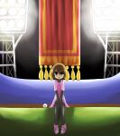  1girl bangs banner baseball baseball_mitt black_eyes black_legwear black_undershirt blush brown_hair commentary dress hair_between_eyes hands_on_lap highres jiima_tarou layered_clothing long_sleeves looking_ahead looking_at_viewer minna_no_rhythm_tengoku night parted_lips pink_dress pink_footwear pitcher_(rhythm_tengoku) rhythm_tengoku shirt shoes short_hair short_sleeves sitting solo stadium_lights thigh-highs turtleneck undershirt v_arms 