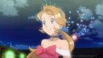  1girl blue_eyes blue_ribbon bow choker closed_mouth clouds collarbone commentary dress earrings english_commentary eyelashes hair_ribbon jewelry light light_brown_hair long_hair night noelia_ponce off-shoulder_dress off_shoulder older outdoors pokemon pokemon_(anime) pokemon_xy_(anime) ponytail red_bow ribbon serena_(pokemon) sky smile solo watermark 