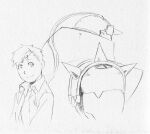  2boys alphonse_elric arakawa_hiromu armor arms_at_sides back-to-back bangs child closed_mouth collared_shirt commentary cropped_torso dress_shirt dual_persona english_commentary facing_viewer fullmetal_alchemist grey_background happy head_tilt helmet male_focus monochrome multiple_boys official_art open_clothes open_shirt shirt shoulder_spikes sideways_glance simple_background size_difference smile spiked_helmet spikes swept_bangs tareme undershirt 