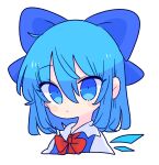  1girl blue_dress blue_eyes blue_hair bow bowtie cirno collared_shirt dress hair_bow highres ice ice_wings op_na_yarou puffy_short_sleeves puffy_sleeves red_neckwear shirt short_hair short_sleeves simple_background touhou upper_body white_background wings 