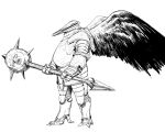  1other armor bird_wings breastplate fewer_digits from_side full_armor gauntlets greyscale helmet holding holding_weapon mace monochrome monster no_humans original simple_background standing talons weapon white_background wings y_naf 