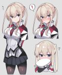  ! 1girl ? blonde_hair blush eyebrows_visible_through_hair fathom graf_zeppelin_(kancolle) grey_background hair_between_eyes highres kantai_collection long_hair sidelocks simple_background solo spoken_exclamation_mark twintails violet_eyes 
