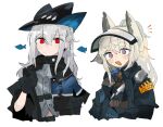  2girls :d animal_ears arknights ascot black_gloves black_headwear blue_gloves closed_mouth commentary gloves grani_(arknights) grey_neckwear hair_between_eyes hat holding_strap horse_ears jacket long_hair multiple_girls odmised open_mouth police police_uniform ponytail red_eyes shirt silver_hair simple_background skadi_(arknights) smile uniform upper_body violet_eyes visor_lift white_background 