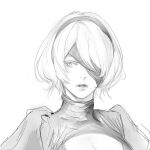  1girl bangs blindfold commentary_request greyscale hair_over_one_eye hairband looking_at_viewer mole mole_under_mouth monochrome nier_(series) nier_automata open_mouth portrait short_hair simple_background sketch solo tanu0706 teeth upper_body white_background yorha_no._2_type_b 