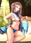  armlet bracelet brown_hair earrings eiyuu_densetsu hand_fan hand_on_hip jewelry long_hair mole mole_under_eye pillow sen_no_kiseki sen_no_kiseki_ii sen_no_kiseki_iii sen_no_kiseki_iv side_ponytail sitting swimsuit violet_eyes vita_clotilde 