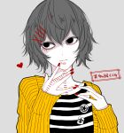  1boy awara_kayu bangs black_eyes closed_mouth commentary_request grey_background hair_between_eyes hair_ornament hairclip hands_up heart jacket long_sleeves male_focus nail_polish open_clothes open_jacket orange_jacket red_nails short_hair simple_background solo stitches suzuya_juuzou tokyo_ghoul tokyo_ghoul:re translation_request upper_body x_hair_ornament 