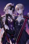  2girls absurdres ahoge artoria_pendragon_(fate) bangs blonde_hair blood blood_on_chest blood_on_clothes blood_on_face braid breasts dress excalibur_morgan_(fate) fate/grand_order fate_(series) french_braid hair_ornament hand_on_another&#039;s_shoulder highres holding holding_sword holding_weapon jeanne_d&#039;arc_(alter)_(fate) jeanne_d&#039;arc_(fate)_(all) long_hair looking_at_viewer medium_breasts multiple_girls nipi27 reverse_grip saber_alter short_hair silver_hair smile sword torn_clothes weapon yellow_eyes 