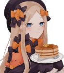  1girl abigail_williams_(fate) absurdres bangs black_bow black_dress black_headwear blonde_hair blue_eyes blush bow breasts dress fate/grand_order fate_(series) food forehead hair_bow hat highres long_hair long_sleeves looking_at_viewer multiple_bows orange_bow pancake parted_bangs polka_dot polka_dot_bow ribbed_dress sleeves_past_fingers sleeves_past_wrists small_breasts smile solo sumi_(gfgf_045) 