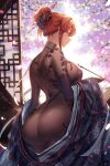  1girl ass azur_lane bodystocking bodysuit breasts china_dress chinese_clothes covered_nipples dress from_behind hair_bun highres large_breasts looking_at_viewer mendou_kusai monarch_(azur_lane) monarch_(black_qipao)_(azur_lane) partially_undressed pipe plump robe robe_slip see-through solo 