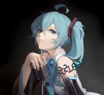  1girl ahoge bangs bare_shoulders black_sleeves blue_eyes blue_hair blue_neckwear brown_background collared_shirt dated detached_sleeves gradient gradient_background grey_shirt hatsune_miku highres lamser long_hair long_sleeves looking_at_viewer microphone necktie number_tattoo parted_lips shirt shoulder_tattoo smile solo tattoo twintails upper_body vocaloid 