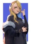  1girl alternate_costume bangs black_jacket black_sweater blonde_hair blue_background border bracelet casual commentary_request contemporary facial_mark fate/grand_order fate_(series) fur-trimmed_jacket fur_trim hair_ornament highres jacket jewelry kugatunohito licking_lips lip_piercing long_hair looking_at_viewer necklace off-shoulder_jacket off_shoulder open_clothes open_jacket piercing ribbed_sweater sharp_teeth solo sweater swept_bangs teeth tongue tongue_out turtleneck turtleneck_sweater upper_body very_long_hair vritra_(fate) white_border yellow_eyes 