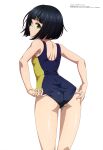  1girl absurdres ass back bangs bare_arms bare_legs black_hair black_swimsuit blunt_bangs bob_cut breasts clothes_pull deatte_5-byou_de_battle from_behind glasses green_eyes highres looking_at_viewer looking_back megami_magazine official_art one-piece_swimsuit parted_lips scan short_hair shoulder_blades simple_background small_breasts solo standing swimsuit swimsuit_pull tatara_ringo thighs two-tone_swimsuit white_background yellow_swimsuit 