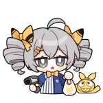  1girl bag bangs blue_shirt bow bowtie doll drill_hair grey_eyes grey_hair hair_between_eyes hair_ornament hair_ribbon hairpin holding homu_(honkai_impact) honkai_(series) honkai_impact_3rd long_hair looking_at_viewer official_art open_mouth polo_shirt ribbon shirt shopping_bag simple_background solo twin_drills white_background yellow_neckwear 