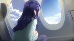  1girl aircraft airplane airplane_interior artist_request bangs blue_sky clouds cloudy_sky dark_blue_hair day everlasting_summer from_side game_cg grey_shirt highres long_hair long_sleeves samantha_reed_smith shirt sitting sky solo upper_body window 