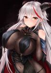  1girl absurdres aegir_(azur_lane) azur_lane bare_shoulders black_cape bodystocking breast_curtains breasts cape covered_navel cross cross-laced_clothes cross_earrings demon_horns earrings eyebrows_visible_through_hair hair_between_eyes hands_on_own_chest highres horns huge_breasts impossible_clothes iron_cross jewelry long_hair looking_at_viewer multicolored_hair redhead ryara solo streaked_hair taut_clothes two-tone_hair underbust very_long_hair white_hair yellow_eyes 