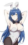  1girl animal_ears armpits arms_behind_head arms_up black_legwear blue_hair bow bowtie breasts covered_navel detached_collar fake_animal_ears girls_frontline highres la13 leotard long_hair medium_breasts pantyhose playboy_bunny rabbit_ears solo strapless strapless_leotard tar-21_(girls_frontline) upper_body white_leotard wrist_cuffs yellow_eyes 