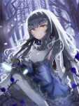  1girl ascot blonde_hair blue_dress blue_flower breasts commentary_request dress fairy_knight_lancelot_(fate) fate/grand_order fate_(series) feet_out_of_frame flower forest gloves grey_dress grey_gloves grey_hair grey_neckwear highres light_particles long_hair looking_at_viewer m0_chi nature parted_lips petticoat sitting small_breasts smile teeth thigh-highs tree white_hair white_legwear 