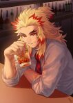  1boy blonde_hair closed_mouth collared_shirt cup highres holding holding_cup indoors kimetsu_no_yaiba leaning_forward long_hair looking_at_viewer male_focus multicolored_hair necktie red_eyes red_neckwear redhead remsor076 rengoku_kyoujurou shirt sitting sleeves_rolled_up smile solo two-tone_hair upper_body white_shirt wing_collar 