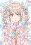  1girl aqua_eyes bangs blonde_hair blue_background blue_flower bow braid breasts detached_collar eyebrows_visible_through_hair flower hair_bow holding holding_flower looking_at_viewer medium_breasts mitsuyo_(mituyo324) original parted_lips pink_flower purple_flower rose see-through simple_background solo twin_braids upper_body white_flower yellow_flower 