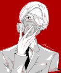  1boy awara_kayu bangs collared_shirt commentary_request formal gas_mask grey_jacket grey_shirt hand_up jacket long_sleeves looking_at_viewer male_focus mask nakarai_keijin necktie parted_bangs red_background shirt short_hair simple_background solo tokyo_ghoul tokyo_ghoul:re twitter_username upper_body 