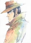  1boy agahari black_eyes black_hair brown_coat brown_headwear closed_mouth coat commentary_request grey_background hat highres looking_away lupin_iii male_focus short_hair simple_background traditional_media upper_body zenigata_kouichi 