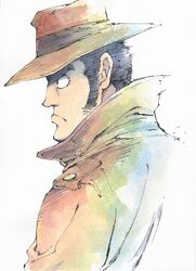  1boy agahari black_eyes black_hair brown_coat brown_headwear closed_mouth coat commentary_request grey_background hat highres looking_away lupin_iii male_focus short_hair simple_background traditional_media upper_body zenigata_kouichi 