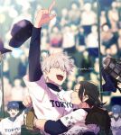  1girl 3boys arm_up bangs baseball_mitt baseball_uniform black_hair black_shirt blue_headwear blurry blurry_background closed_eyes ear_piercing getou_suguru gojou_satoru grin haibara_yu hair_bun hat hat_removed headwear_removed highres hug ieiri_shoko jujutsu_kaisen multiple_boys open_mouth piercing pointing pointing_up profile shirt short_hair smile sportswear sweat twitter_username upper_body white_hair white_shirt yamaru 