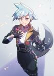  1boy bangs black_gloves blue_eyes blue_hair closed_mouth collar commentary_request gloves hands_up highres jewelry looking_at_viewer male_focus official_alternate_costume pants petals pokemon pokemon_(game) pokemon_masters_ex ring shirt short_hair smile solo spiky_hair steven_stone white_shirt zeroki_(izuno) 