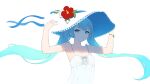  1girl aqua_hair armpits arms_up bare_arms bare_shoulders blue_eyes blue_hair cait_aron collarbone commentary dress flat_chest flower hands_on_headwear hat hat_flower hat_ornament hatsune_miku hibiscus highres looking_at_viewer parted_lips red_flower sleeveless sleeveless_dress smile solo sun_hat sundress vocaloid white_dress white_headwear wristband 