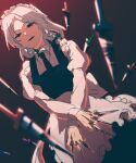  1girl apron blue_dress braid dress eyebrows_visible_through_hair green_neckwear hair_ribbon holding holding_knife irohasu_(sasagarasu) izayoi_sakuya knife knives_between_fingers long_sleeves maid_apron maid_headdress necktie puffy_long_sleeves puffy_sleeves red_eyes ribbon short_hair silver_hair solo touhou tress_ribbon twin_braids wrist_cuffs 