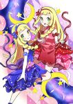  2girls alternate_color bare_shoulders blonde_hair blue_dress blush braid closed_mouth clothes_lift commentary_request dress dress_lift elbow_gloves eyelashes flower gen_7_pokemon gloves green_eyes hair_flower hair_ornament hairband highres leg_up legendary_pokemon lifted_by_self lillie_(pokemon) long_hair looking_at_viewer lunala multiple_girls official_alternate_costume pokemon pokemon_(creature) pokemon_(game) pokemon_masters_ex red_dress red_flower red_hairband smile star_(symbol) tonayon twin_braids white_gloves 