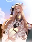  1girl arknights black_choker black_gloves black_swimsuit blonde_hair blurry bokeh breasts center_opening choker clouds cloudy_sky commentary depth_of_field feet_out_of_frame gloves green_eyes hat highres j_fang jewelry knees_together_feet_apart long_hair looking_at_viewer medium_breasts necklace official_alternate_costume one-piece_swimsuit outdoors partially_fingerless_gloves pearl_necklace sarong sideboob single_glove sky solo sun_hat swimsuit swire_(arknights) thigh_gap thigh_strap thighs very_long_hair white_headwear white_sarong 