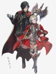  1boy 1girl armor armored_boots bangs black_cape black_coat black_gloves black_hair black_pants blonde_hair boots cape coat edelgard_von_hresvelg fire_emblem fire_emblem:_three_houses full_body gloves hair_over_one_eye hair_up halberd hand_up highres holding holding_polearm holding_weapon hubert_von_vestra looking_at_another pants parted_bangs polearm red_cape simple_background suikomu_now thigh-highs thigh_boots twitter_username violet_eyes weapon white_background white_gloves yellow_eyes 