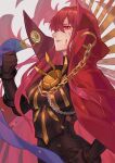  1girl black_bodysuit black_gloves blood blood_on_face bodysuit breasts cape chain clenched_hand collared_cape commentary_request family_crest fate/grand_order fate_(series) gloves glowing glowing_eyes hair_over_one_eye hand_on_hip jolker large_breasts long_hair oda_nobunaga_(fate)_(all) oda_nobunaga_(maou_avenger)_(fate) oda_uri popped_collar red_cape red_eyes redhead solo very_long_hair 