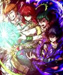  4boys attack bangs black_eyes black_hair brown_eyes closed_mouth flower green_eyes green_wristband hiei_(yu_yu_hakusho) highres holding holding_flower kurama_(yu_yu_hakusho) kuwabara_kazuma kwon_0019 long_hair multiple_boys open_mouth orange_hair pompadour redhead rei_gun rose short_hair smile teeth third_eye urameshi_yusuke wristband yu_yu_hakusho 