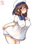  1girl artist_logo blue_sailor_collar bow breasts brown_hair commentary_request cosplay covered_nipples cowboy_shot dated dress drill_hair harukaze_(kancolle) hat hiburi_(kancolle) hiburi_(kancolle)_(cosplay) kanon_(kurogane_knights) kantai_collection large_breasts leaning_forward long_hair looking_at_viewer one-hour_drawing_challenge red_bow red_eyes sailor_collar sailor_dress sailor_hat short_sleeves simple_background skirt_hold solo twin_drills white_background white_dress white_headwear 